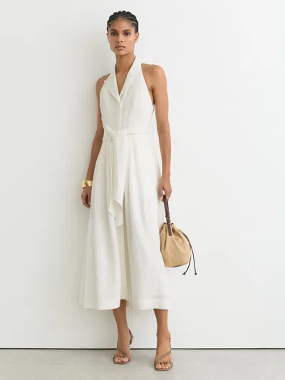 Reiss Ivory Sleeveless Tie-front Midi Dress With Linen In White
