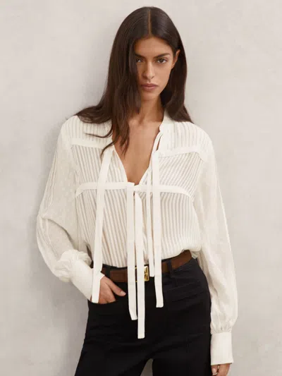 Reiss Ivory Tie-detail Shadow-stripe Blouse In White