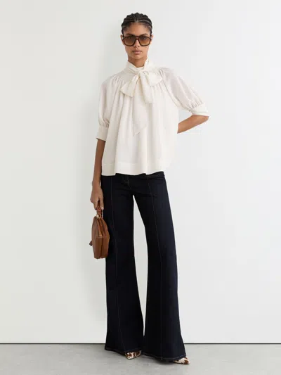 Reiss Ivory Tie-neck Short-sleeve Blouse In White