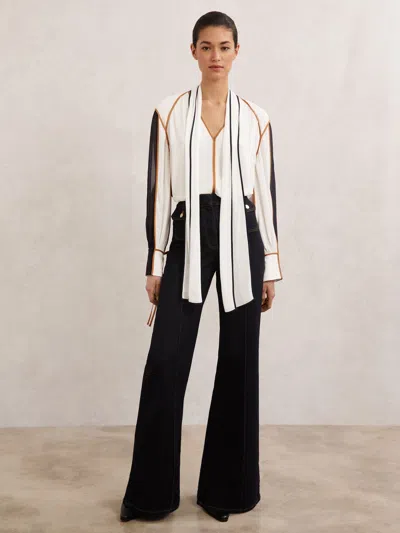 Reiss Ivory Tipped Tie-neck Blouse In White