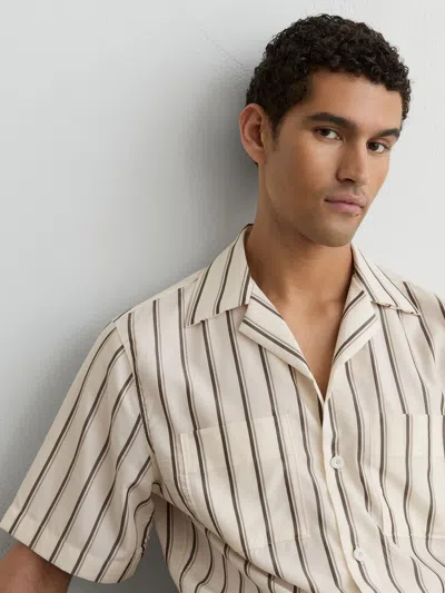 Reiss Ivory White Lyocell Stripe Relaxed Cuban-collar Shirt
