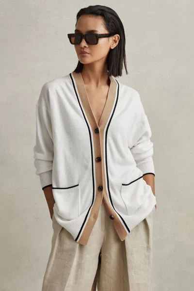Reiss Carly V-neck Contrast-trim Wool-blend Cardigan In Ivory/black