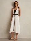 Reiss Ivory/black Valencia Contrast Trim Flared Midi Dress With Linen In Brown