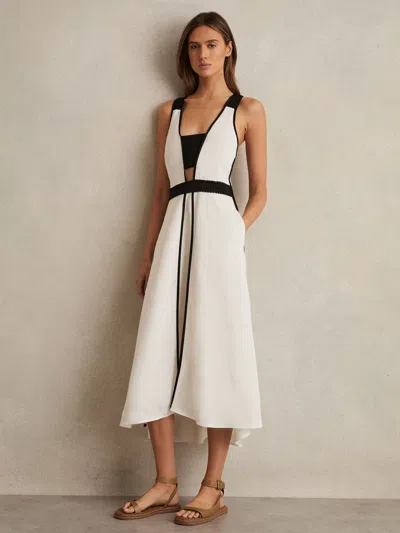 REISS IVORY/BLACK VALENCIA CONTRAST TRIM FLARED MIDI DRESS WITH LINEN