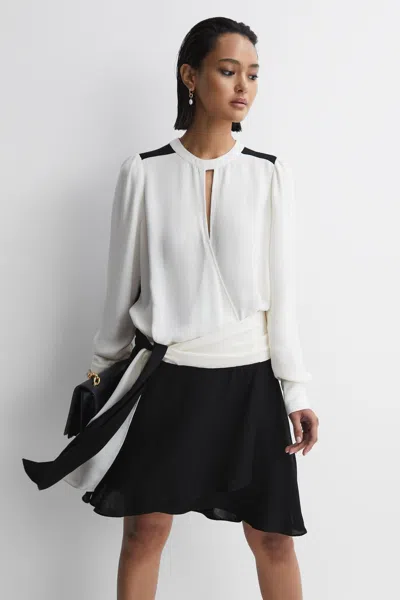 Reiss Ivory/black Sadie Colourblock Belted Mini Dress