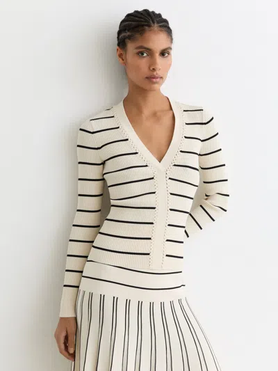 Reiss Ivory/black Stripe Craft-stitch Rib-knit Top In Multi