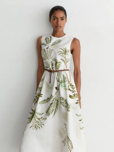 Reiss Palma Palm Print Linen Midi Dress In White