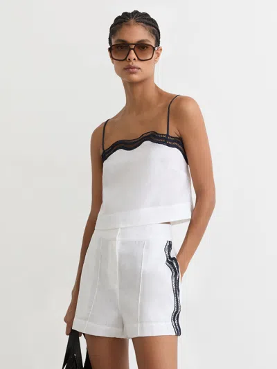 Reiss Ivory/navy Linen Scallop-trim Shorts In White
