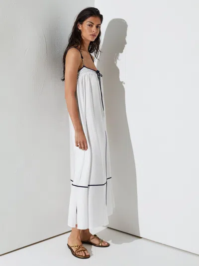 Reiss Ivory/navy Tipped Tie-detail Midi Beach Dress In White