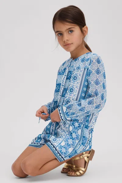 Reiss Kids' Izzy - Blue Print Junior Tile Print Playsuit, Age 6-7 Years