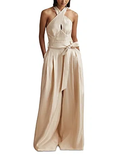 Reiss Jacinta - Neutral Viscose Linen Wide Leg Jumpsuit, Us 4