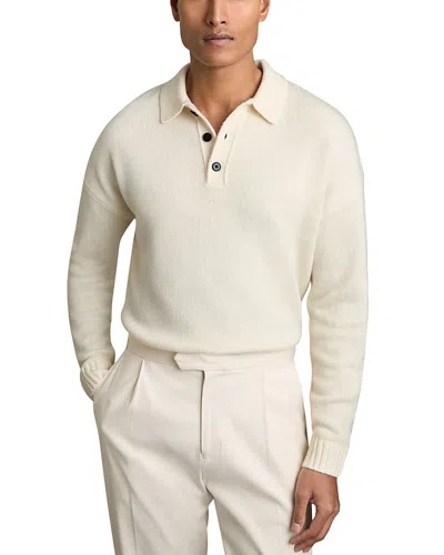 Reiss Jacob Relaxed Fit Quarter Button Long Sleeve Wool Knit Polo In Off White