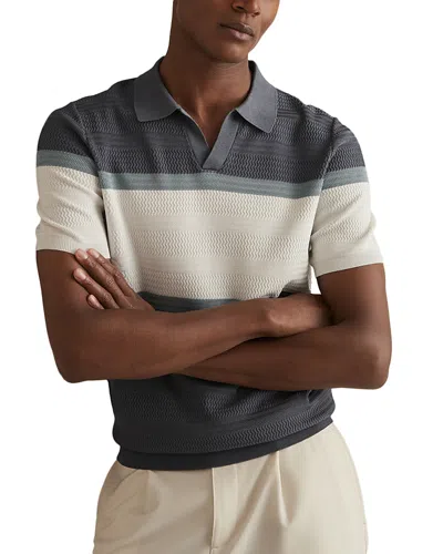 Reiss Jefferson Open Collar Color Blocked Textured Knitted Polo Shirt In Airforce Blue