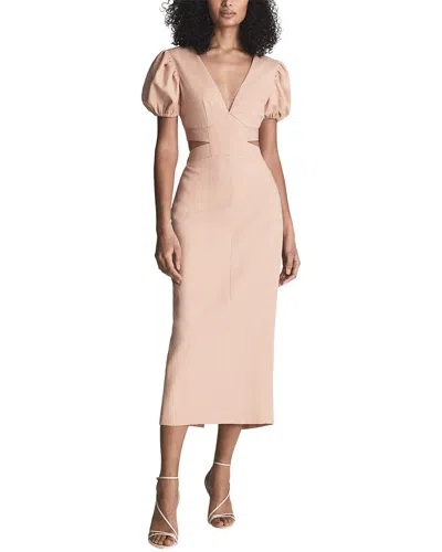 Reiss Jennah Puff Sleeve Cutout Back Linen-blend Midi Dress In Neutral