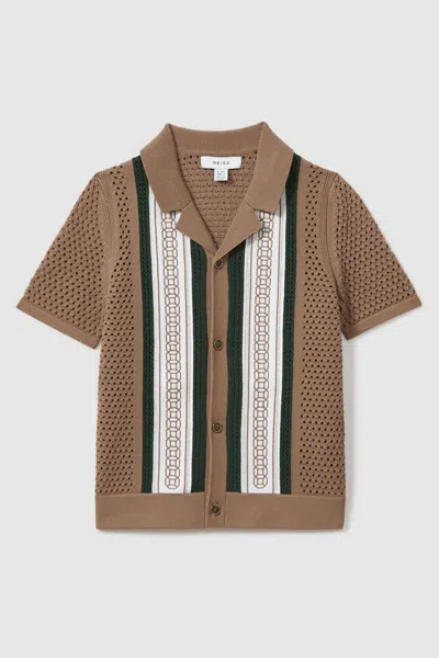 Reiss Kids' Jensen - Camel/green Embroidered Cuban Collar Shirt, 11 In Brown