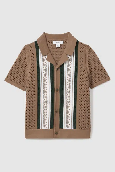 Reiss Babies' Jensen - Camel/green Junior Embroidered Cuban Collar Shirt, Age 5-6 Years