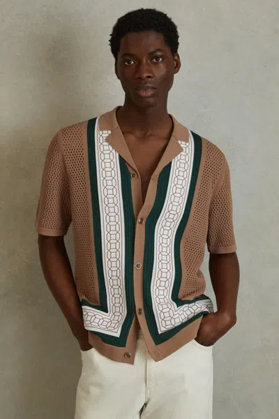 Reiss Jensen - Camel/green Embroidered Cuban Collar Shirt, M