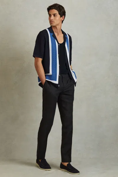 Reiss Navy Jensen Embroidered Cuban Collar Shirt In Navy