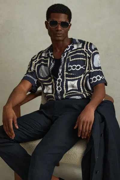 Reiss Navy Jenson Chain Print Cuban Collar Shirt