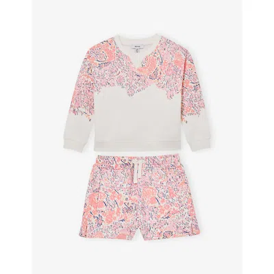 Reiss Kids' Pink Print Jessie Floral-print Cotton-jersey Sweatshirt And Short Set 3-9