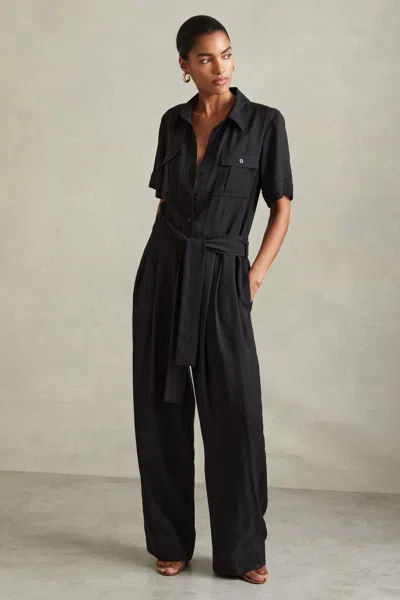 Reiss Black Belted Utility Wide Leg Jumpsuit