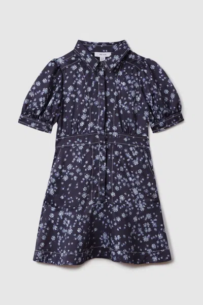 REISS JOANNE - NAVY PRINT TEEN PRINTED PUFF SLEEVE DRESS, UK 13-14 YRS