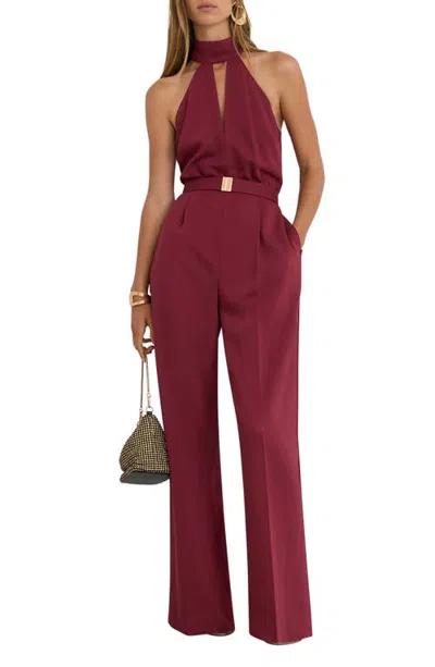 Reiss Jodie Halter Neck Belted Wide Leg Jumpsuit In Red