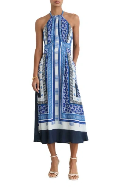 Reiss Joselyn Scarf Print Halter Neck Midi Dress In Multi