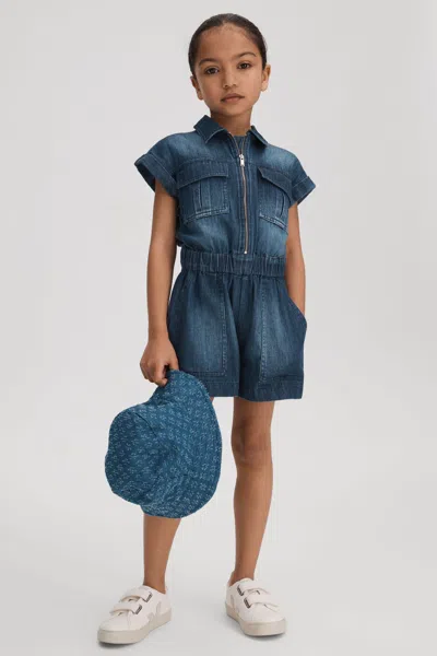 Reiss Kids' Josie - Blue Junior Denim Zip-front Playsuit, Uk 7-8 Yrs