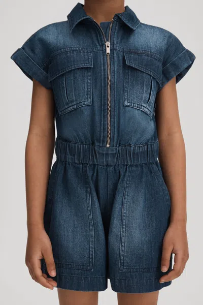 Reiss Josie - Blue Senior Denim Zip-front Playsuit, Uk 9-10 Yrs