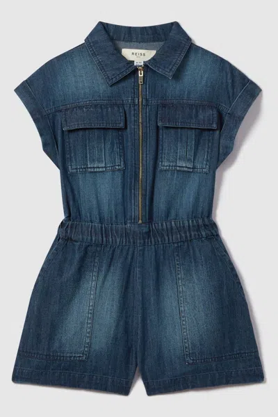 Reiss Josie - Blue Teen Denim Zip-front Playsuit, Uk 13-14 Yrs