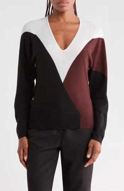 Reiss June Colorblocked V-neck Sweater In Black/ Burgundy/white