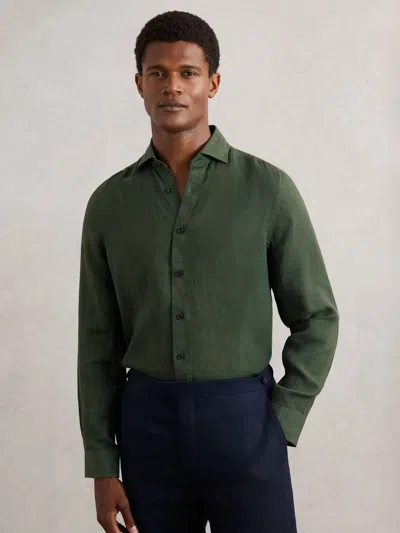 Reiss Kale Green Linen Cutaway-collar Shirt