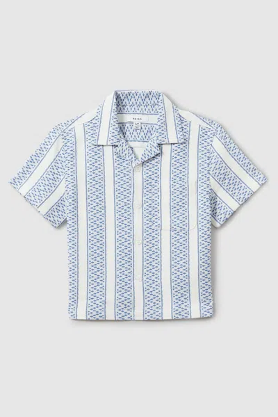Reiss Kids' Kesh - Blue/white Herringbone Cuban Collar Shirt, Uk 13-14 Yrs