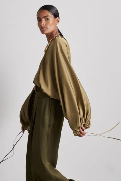 Reiss Khaki Atelier Gathered Satin Top