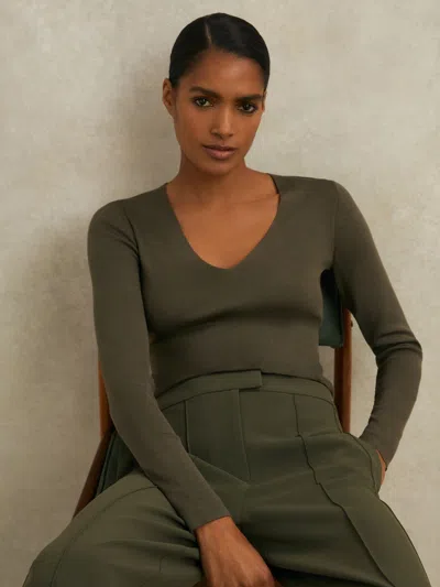 Reiss Khaki Atelier Knitted Silk-blend Top In Brown