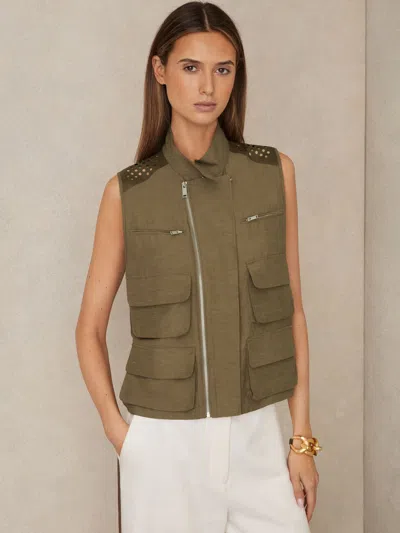 REISS REISS KHAKI GRACE CARGO-POCKET LASER-CUT GILET WITH LINEN