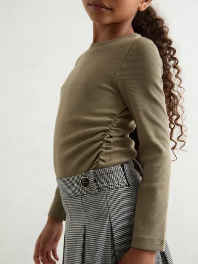 Reiss Khaki Cotton Ruched Long-sleeve T-shirt With Stretch In Brown
