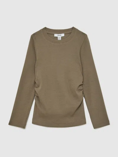 Reiss Khaki Cotton Ruched Long Sleeve T-shirt With Stretch In Brown
