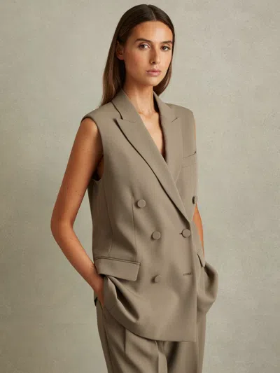 Reiss Khaki Double Breasted Longline Suit Waistcoat