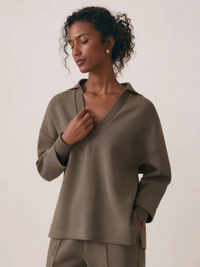 Reiss Khaki Green Bernie Premium Interlock Open-collar Sweatshirt