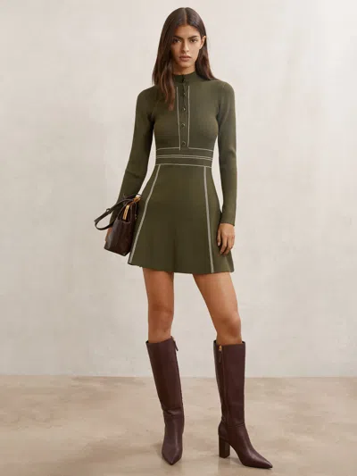 Reiss Khaki Green Contrast-stitch Knitted Mini Dress