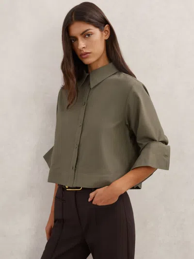 Reiss Khaki Green Cotton And Wool Cropped Shirt