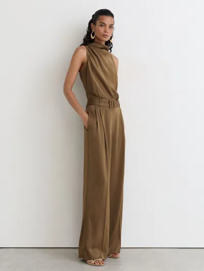 Reiss Khaki Green Erica Petite Satin Cowl-neck Wide-leg Jumpsuit In Brown