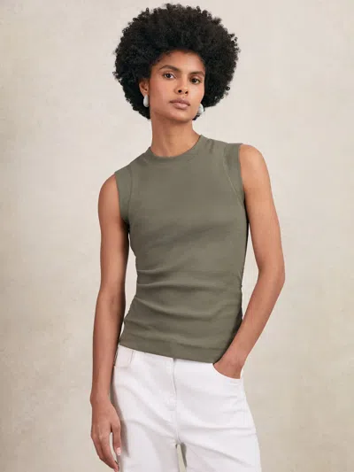 REISS KHAKI GREEN FINE RIB RUCHED VEST TOP