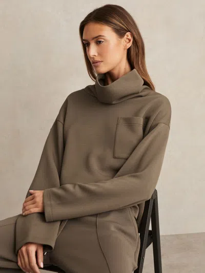 Reiss Khaki Green Interlock Jersey Funnel Neck Sweatshirt