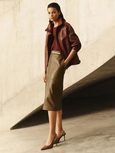 Reiss Khaki Green Leather Midi Pencil Skirt