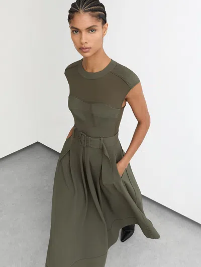 Reiss Khaki Green Mesh-panel Belted Pleated Midi Dress In Gray