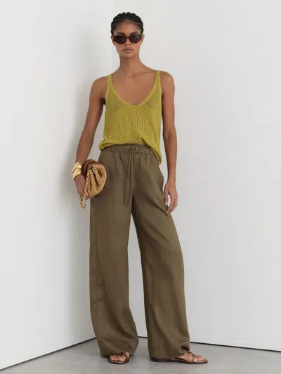 Reiss Khaki Green Petite Linen Ladder-embroidery Wide-leg Trousers