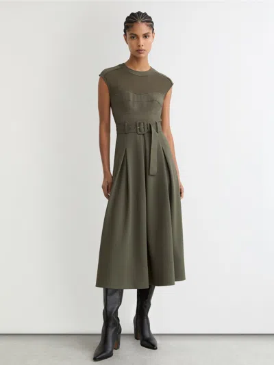 Reiss Khaki Green Petite Mesh-panel Belted Pleated Midi Dress